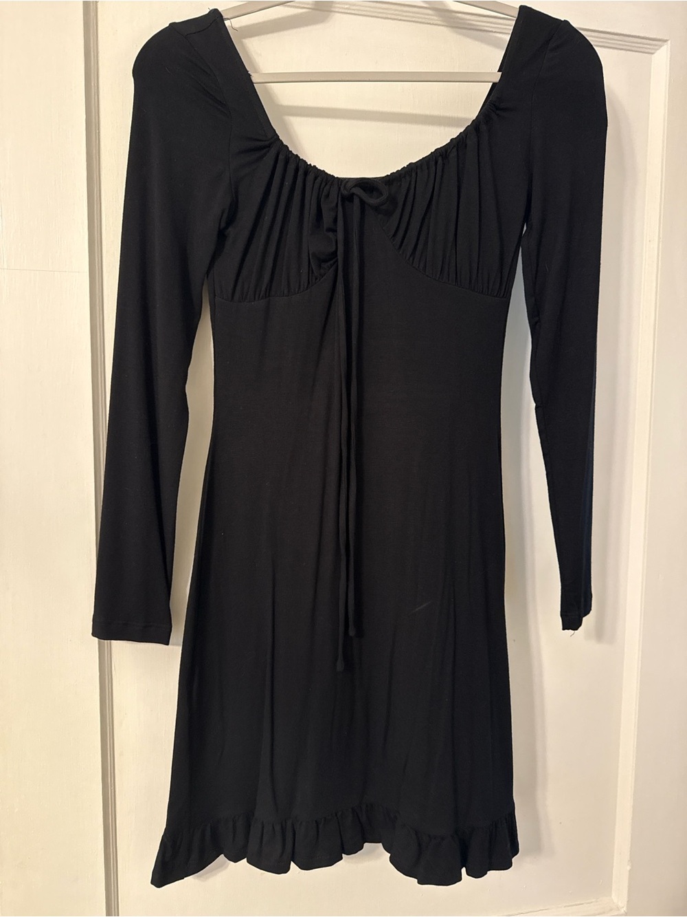 Mango Black Long-Sleeve Tie-Front Ruffle-Hem Dress